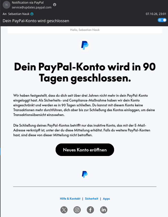 Warnung vor gefälschter PayPal Email